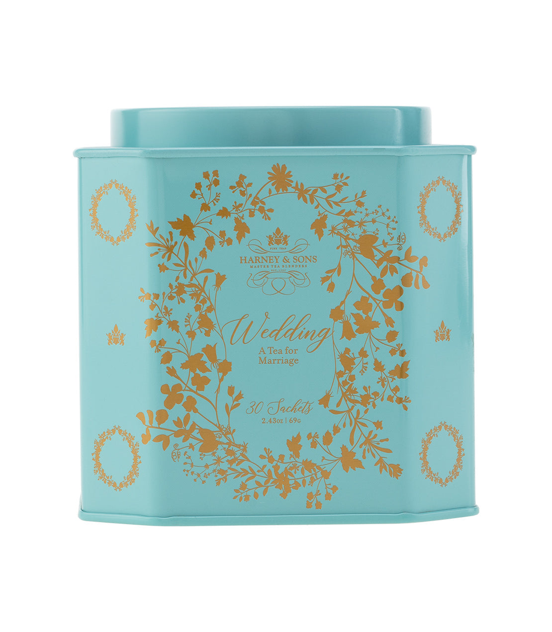 Personalized wedding tea tin featuring gold floral design, containing 30 sachets for marriage celebrations.
