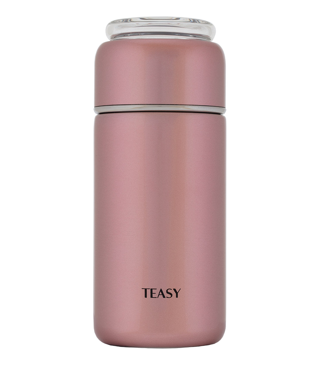 Teasy insulated flask in rose gold, featuring a sleek design and a secure lid for hot or cold beverages.