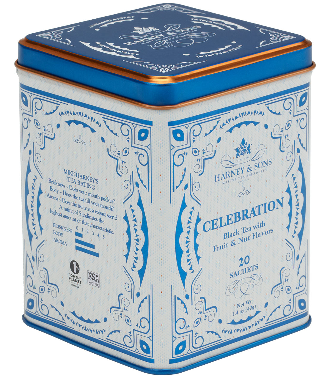 Blue and white tin of Celebration Tea by Harney & Sons, featuring 20 sachets of black tea with fruit and nut flavors.