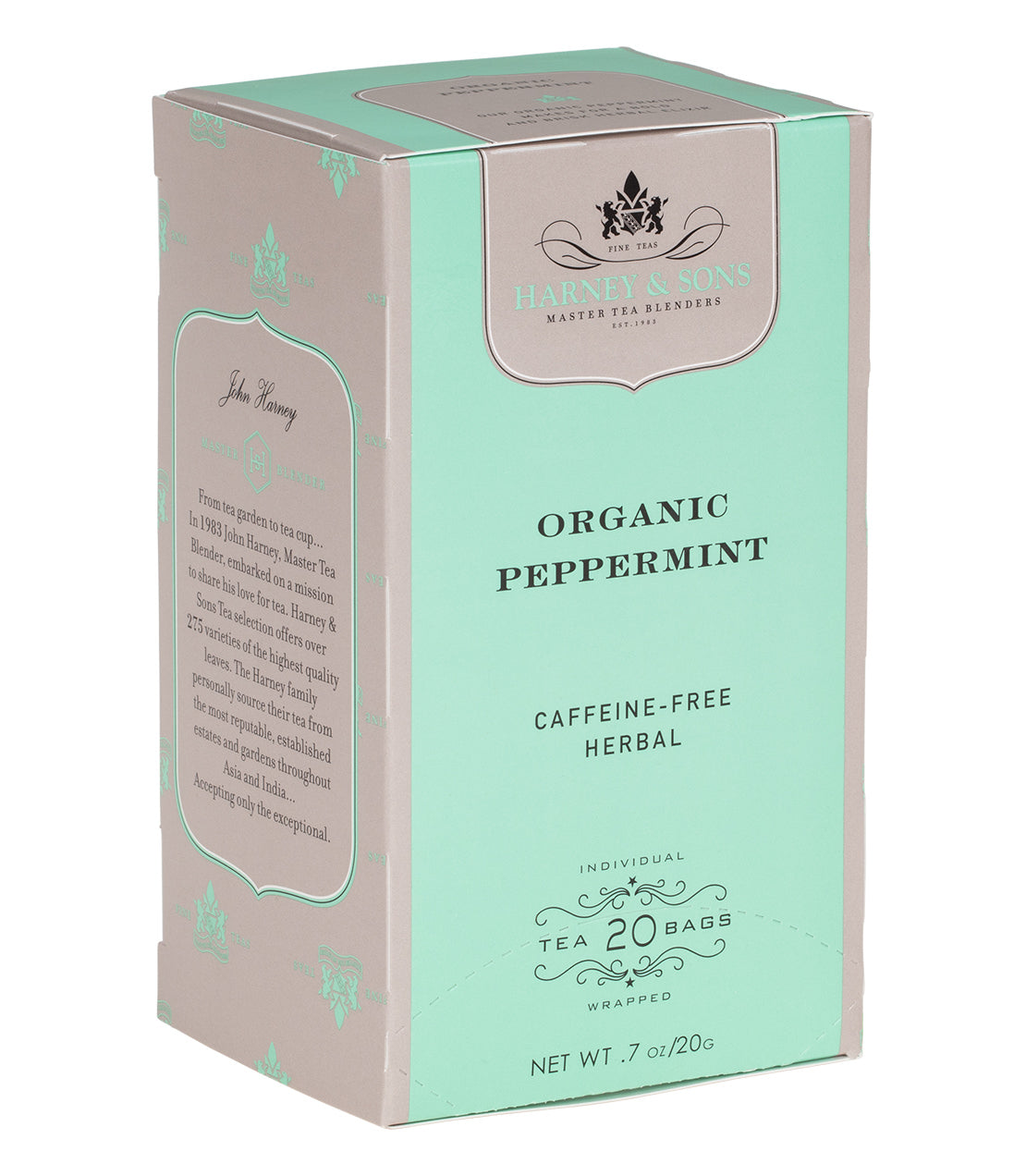 Harney & Sons Organic Peppermint tea box, featuring 20 caffeine-free herbal tea bags in a mint green design.