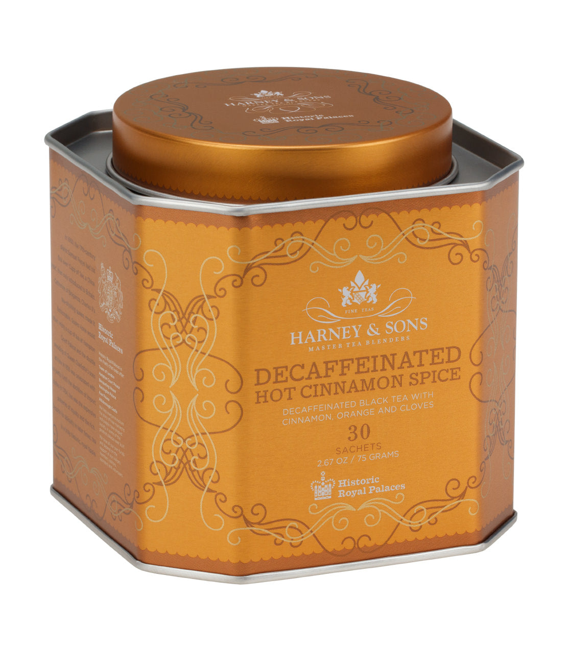 Harney & Sons Decaffeinated Hot Cinnamon Spice tea tin, featuring 30 sachets of spiced black tea blend.