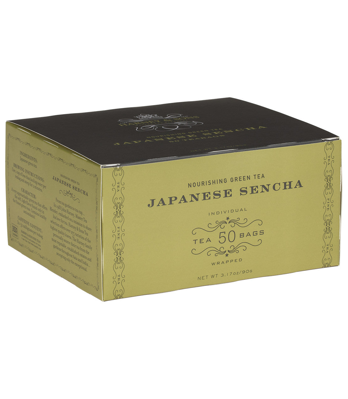 Box of Japanese Sencha green tea bags, containing 50 individually wrapped bags, 3.1 oz total weight.