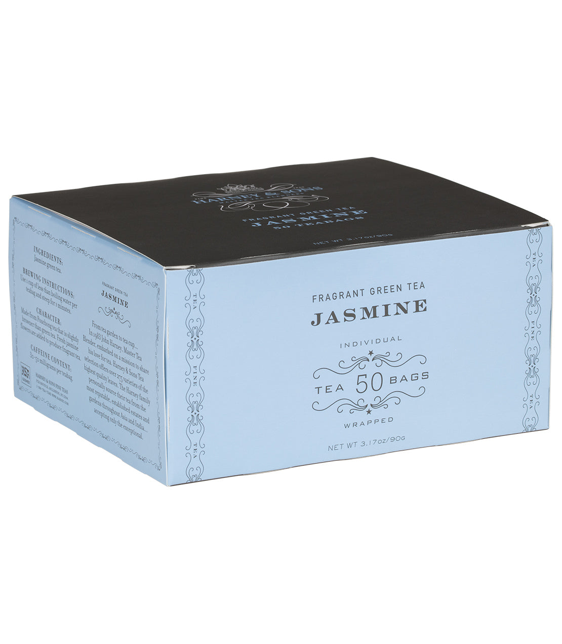 Blue box of Jasmine Tea featuring 50 individually wrapped bags, highlighting fragrant green tea.