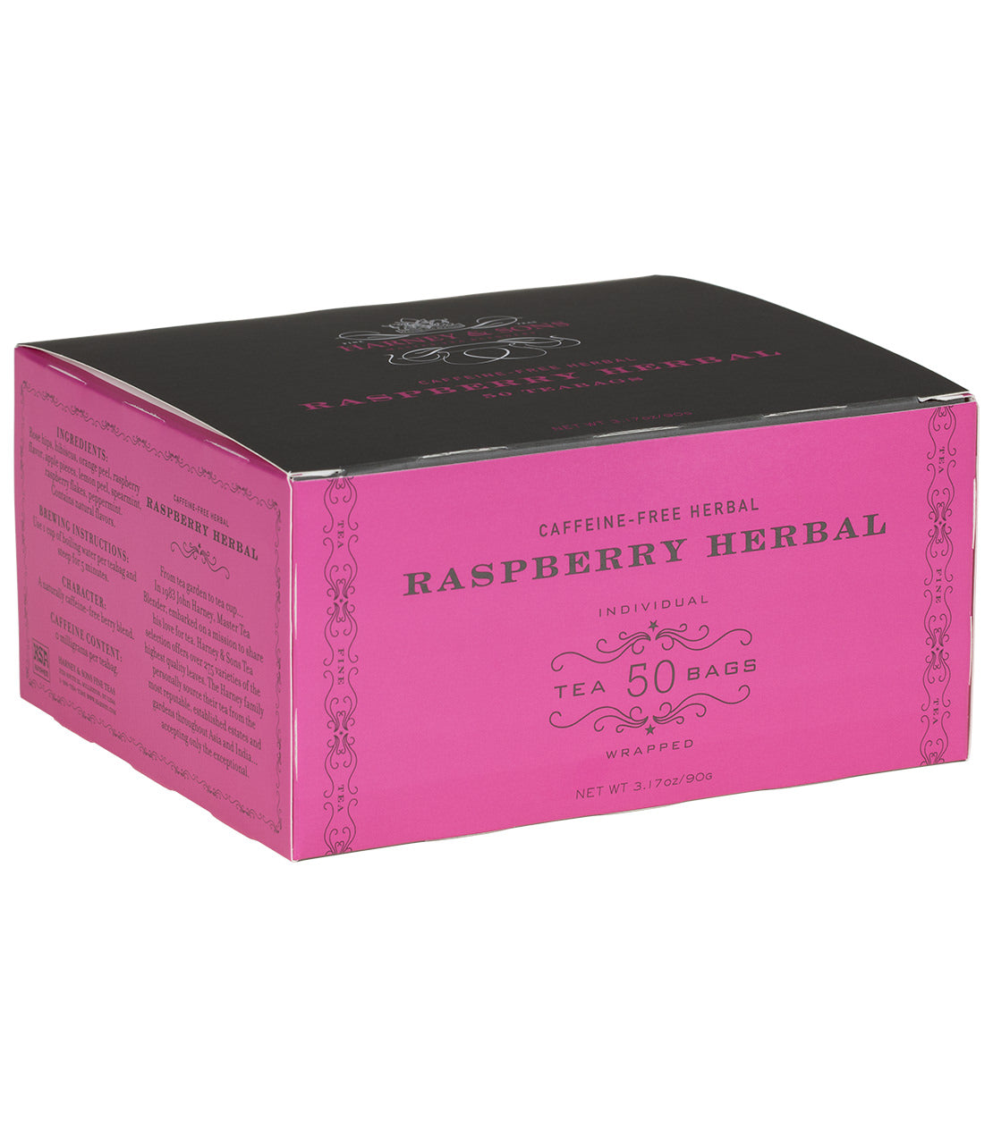 Caffeine-free Raspberry Herbal tea box with 50 individually wrapped bags, featuring a vibrant pink design.