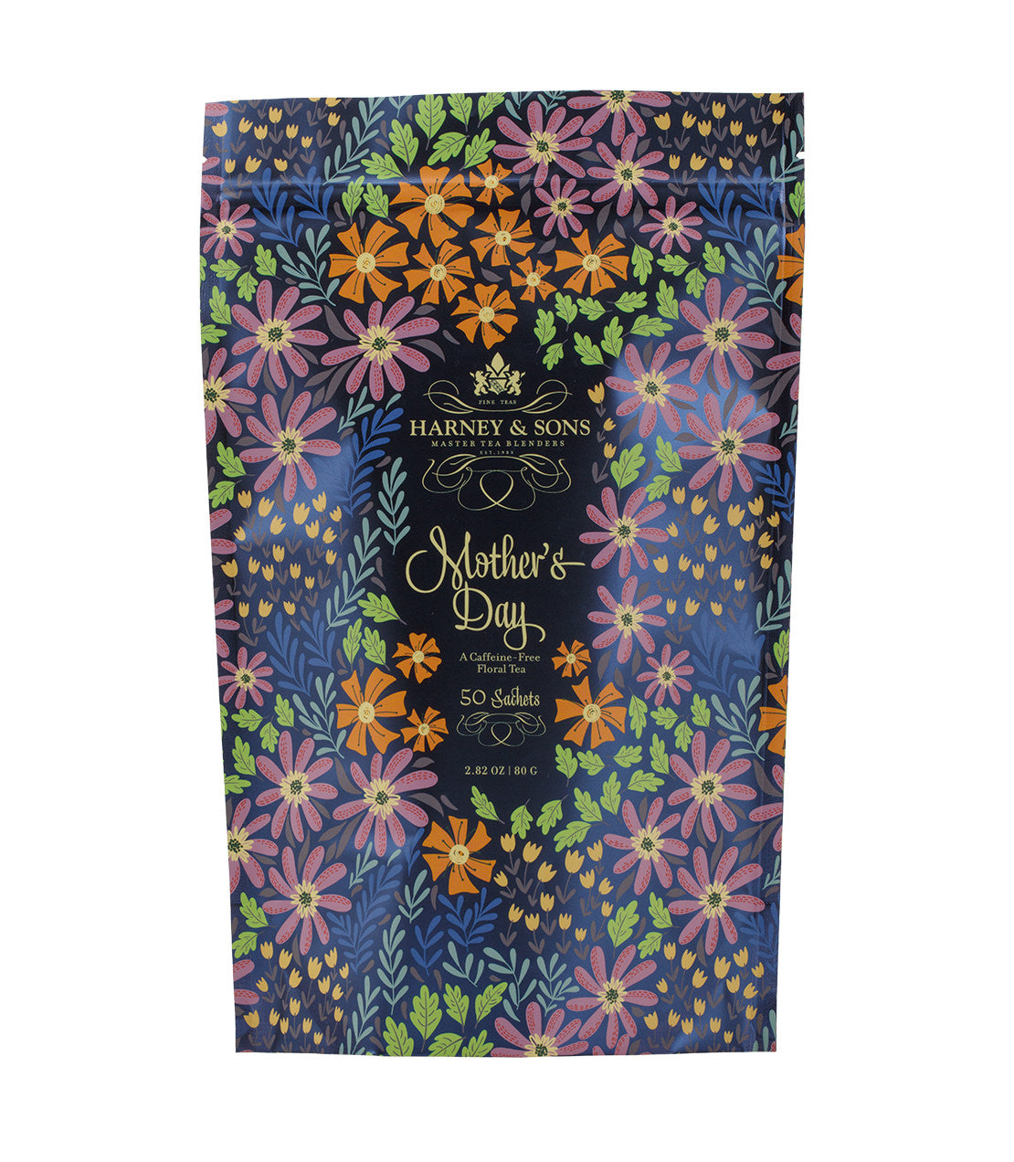 Colorful bag of 50 Mother's Day tea sachets by Harney & Sons, featuring floral design and elegant branding.