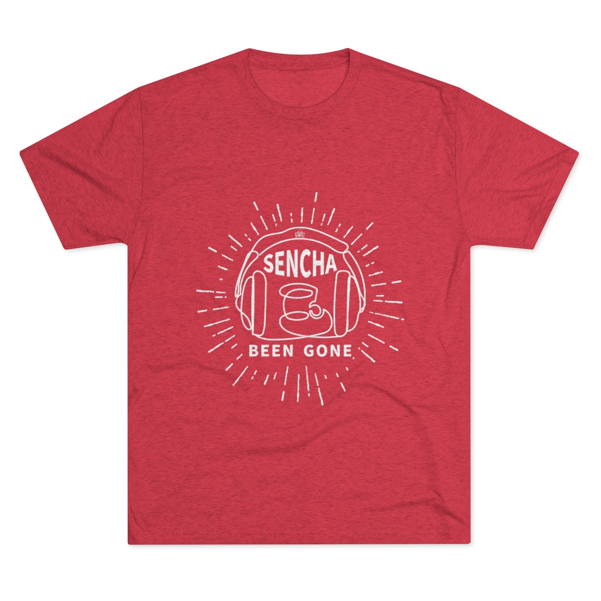 Red graphic tee featuring "Sencha Been Gone" text and a coffee cup design with headphones. Perfect for tea lovers.