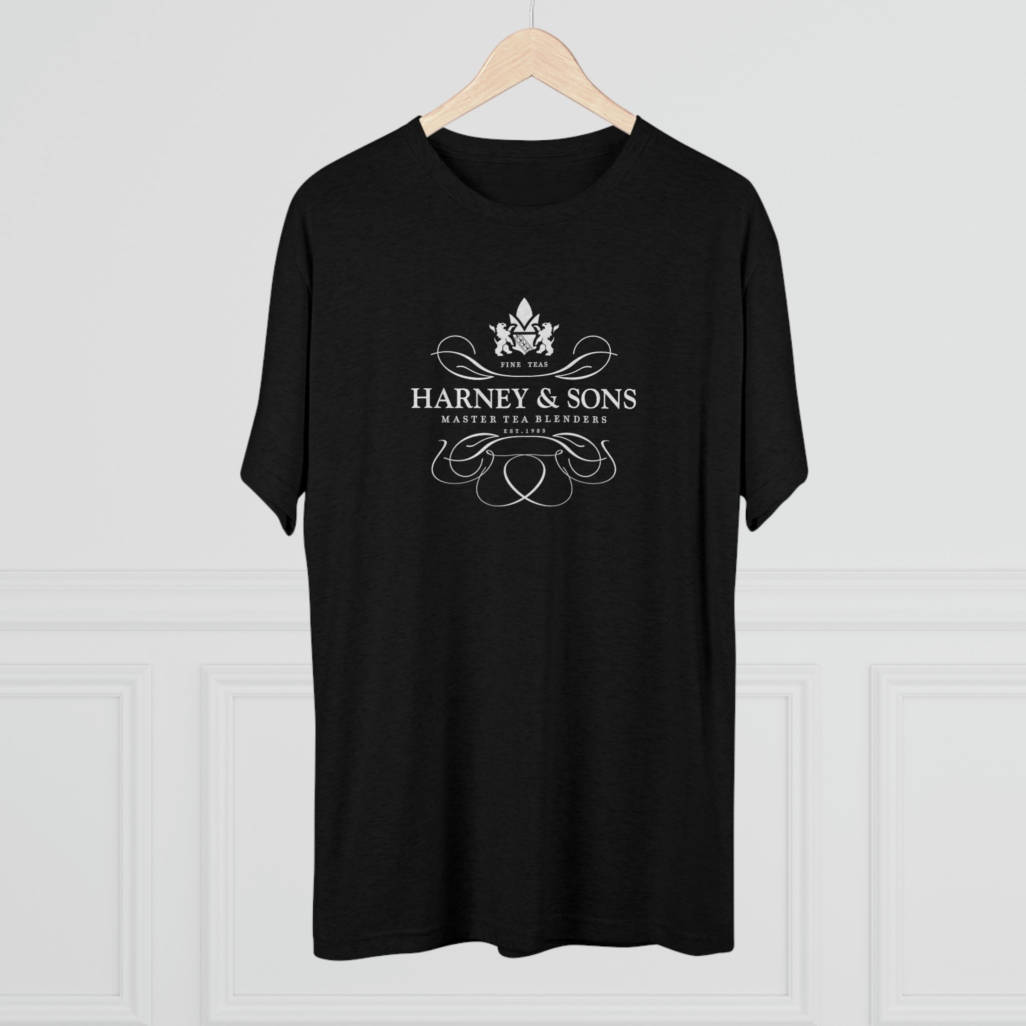 Black graphic tee featuring the Harney & Sons logo, showcasing elegant design and brand name prominently.