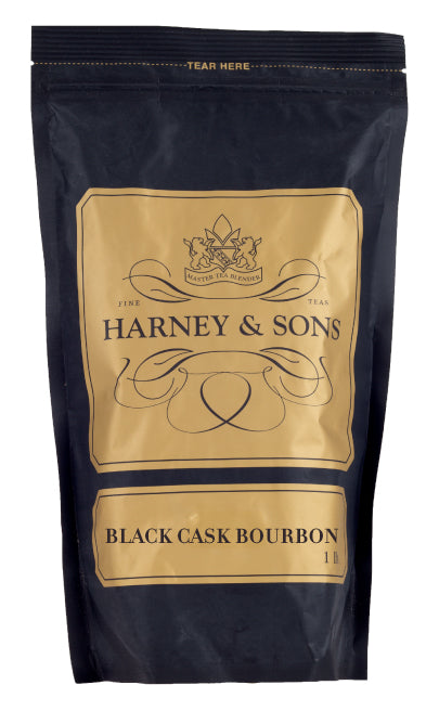 Black Cask Bourbon packaging by Harney & Sons, featuring a sleek black design with gold accents.