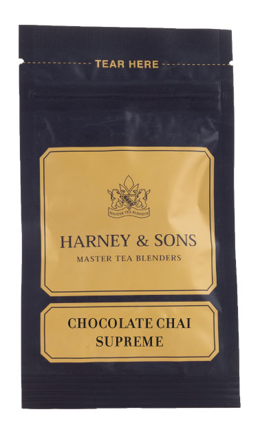 Harney & Sons Chocolate Chai Supreme tea packet featuring a gold and black design with tear tab.