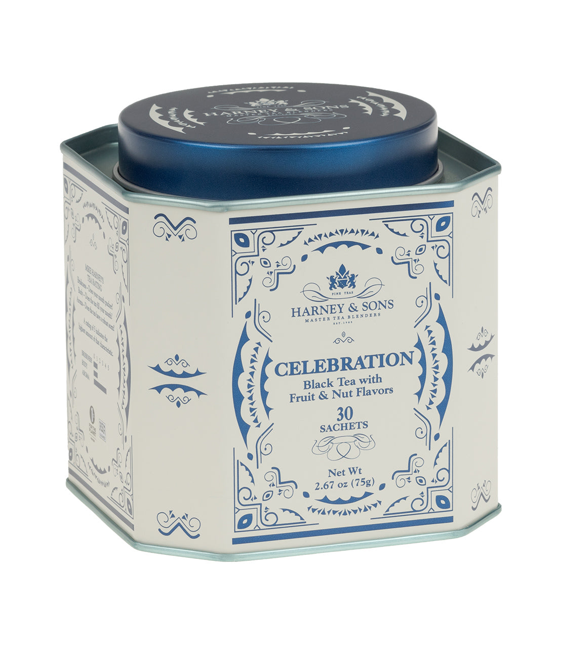 Harney & Sons Celebration Tea tin, featuring black tea with fruit and nut flavors, contains 30 sachets.