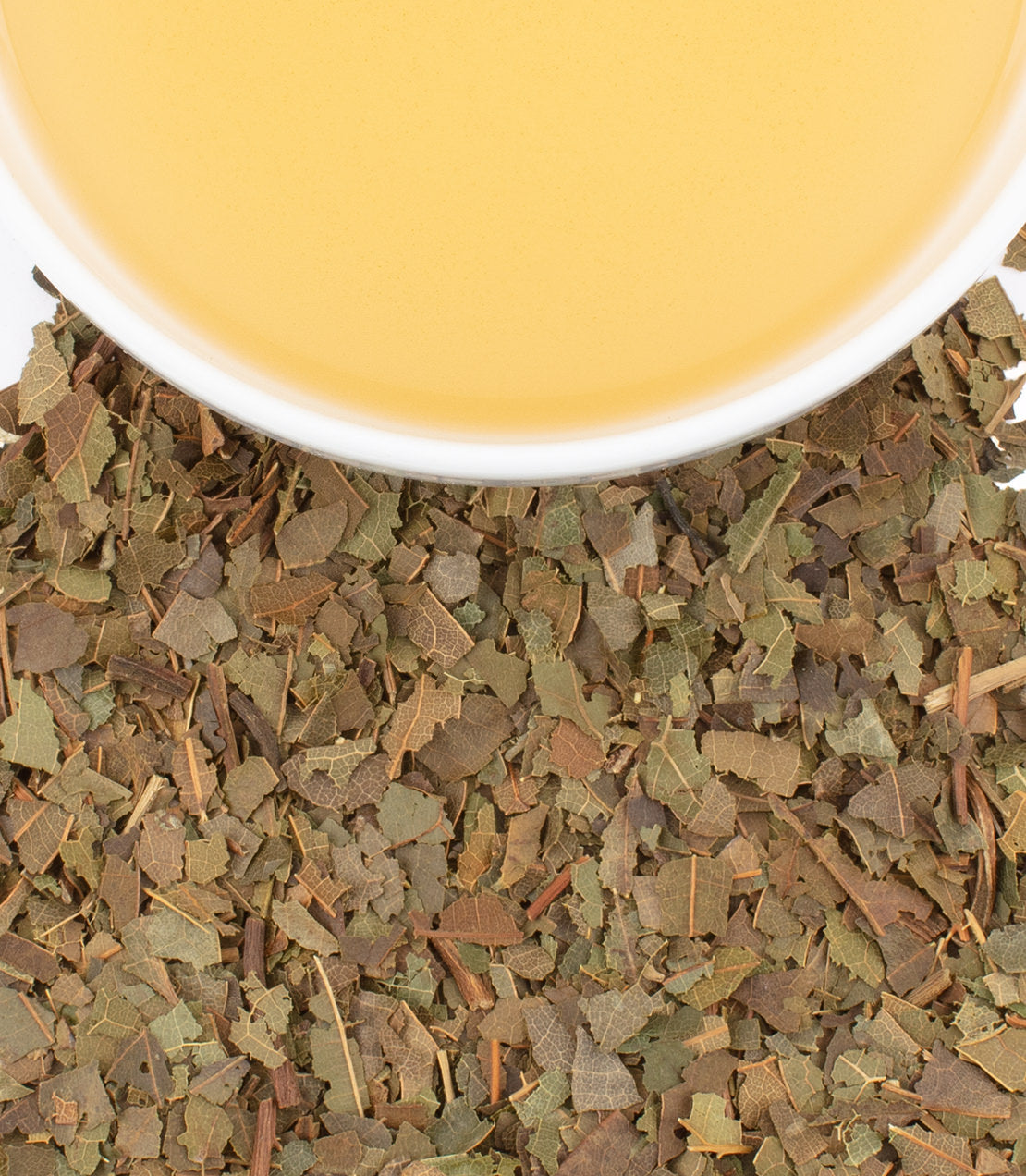 Dried avocado leaves in a pile with a cup of brewed avocado leaf tea above. Ideal for herbal infusions.