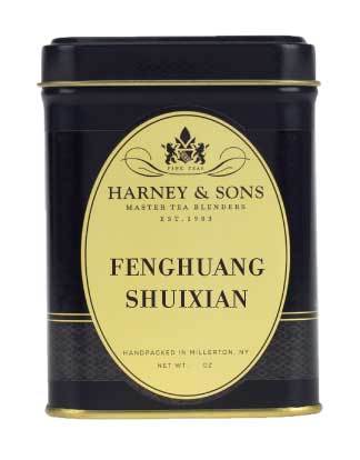 Black tin container of Fenghuang Shuixian tea by Harney & Sons, featuring elegant gold label and branding.