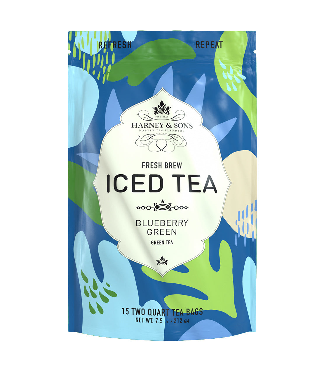Blueberry Green Fresh Brew Iced Tea packaging featuring vibrant colors and design, with 15 tea bags for brewing.