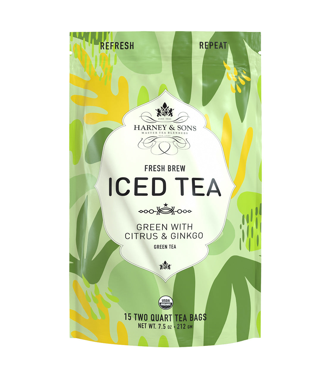 Harney & Sons Organic Green Tea with Citrus & Ginkgo, 15 two-quart tea bags in a vibrant green packaging.