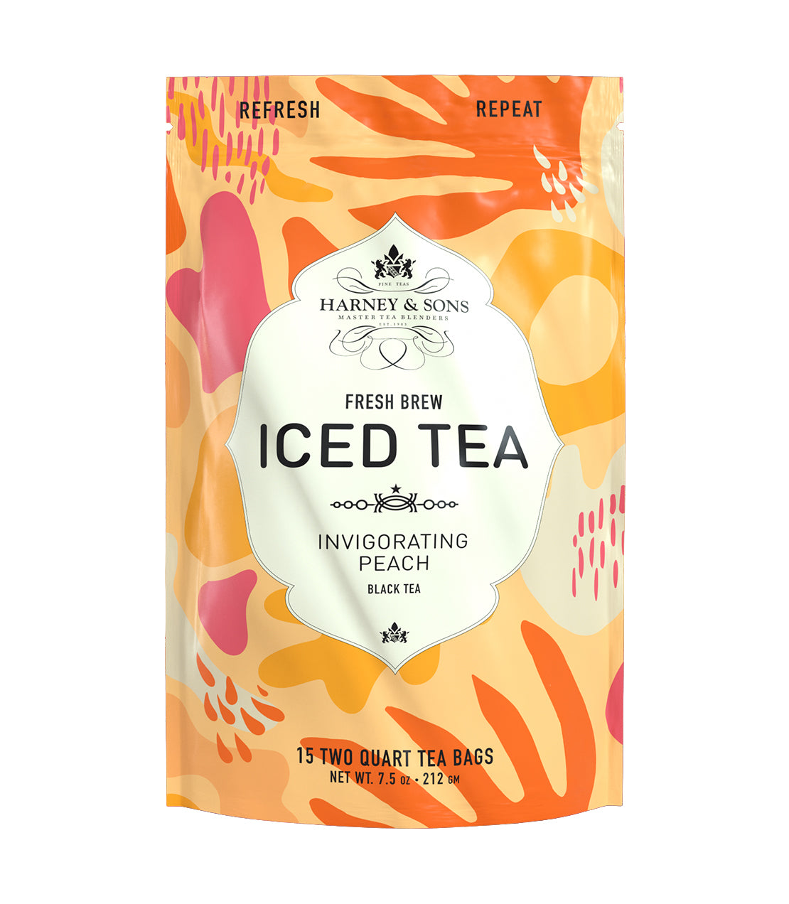 Harney & Sons Peach Fresh Brew Iced Tea packaging, featuring vibrant colors and 15 tea bags for refreshing drinks.