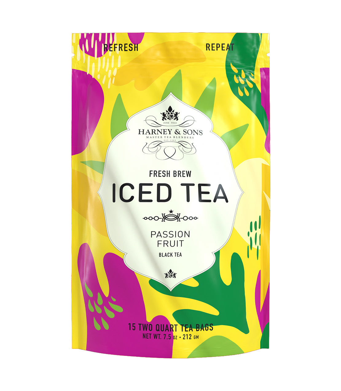Colorful packaging of Harney & Sons Passion Fruit Iced Tea, featuring vibrant tropical designs and tea bag details.