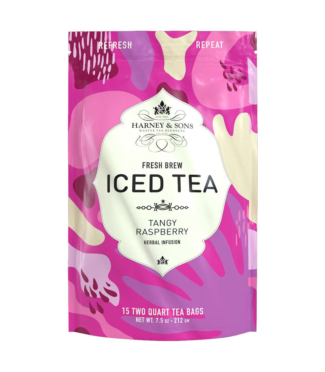 Bright pink packaging of Harney & Sons Raspberry Herbal Fresh Brew Iced Tea, featuring 15 tea bags for refreshing drinks.