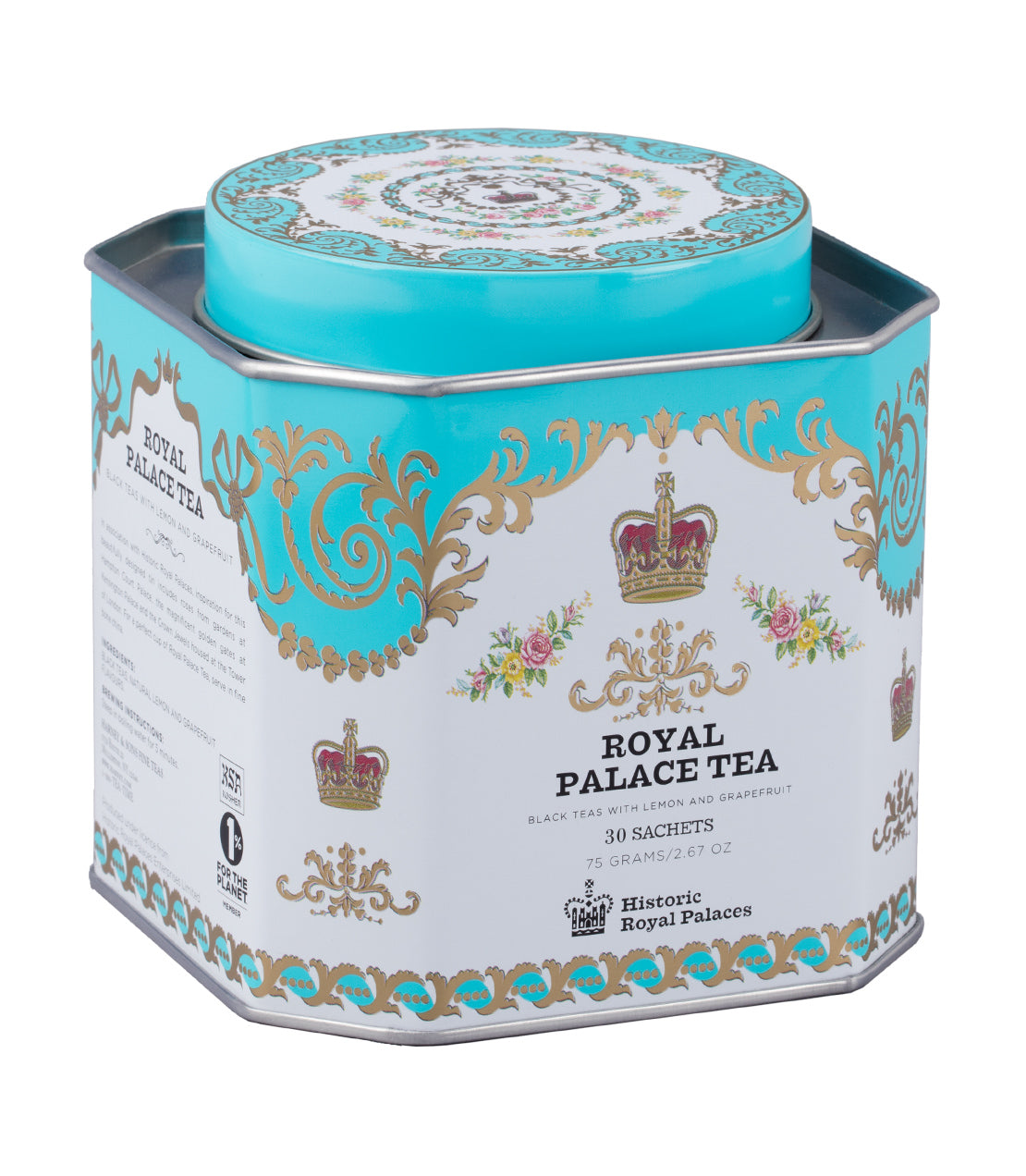 Elegant Royal Palace Tea tin featuring a turquoise lid and ornate gold design, containing 30 black tea sachets.