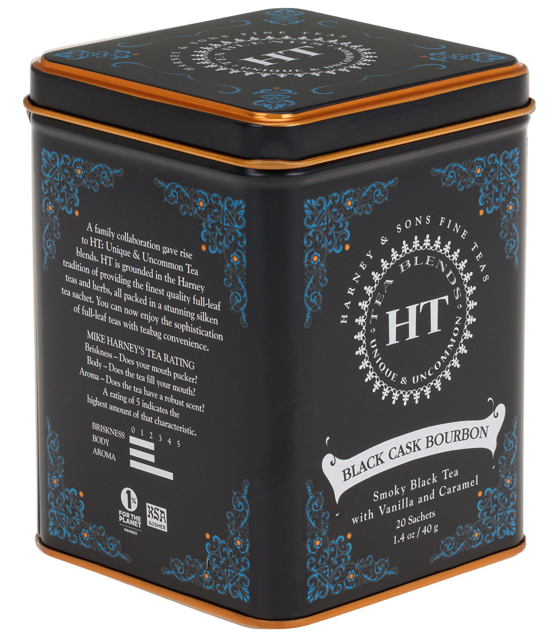 Black Cask Bourbon tea tin featuring smoky black tea with vanilla and caramel, designed by Harney & Sons.