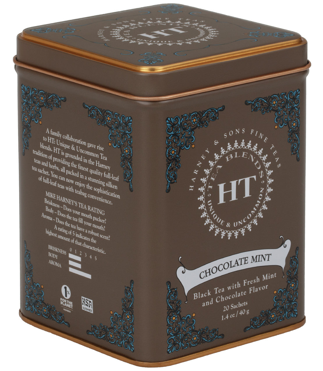 Brown tin of Chocolate Mint black tea with fresh mint flavor, featuring 20 sachets and decorative design.
