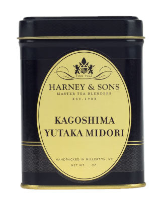 Black tin container of Harney & Sons Kagoshima Yutaka Midori tea, featuring elegant label design and gold accents.