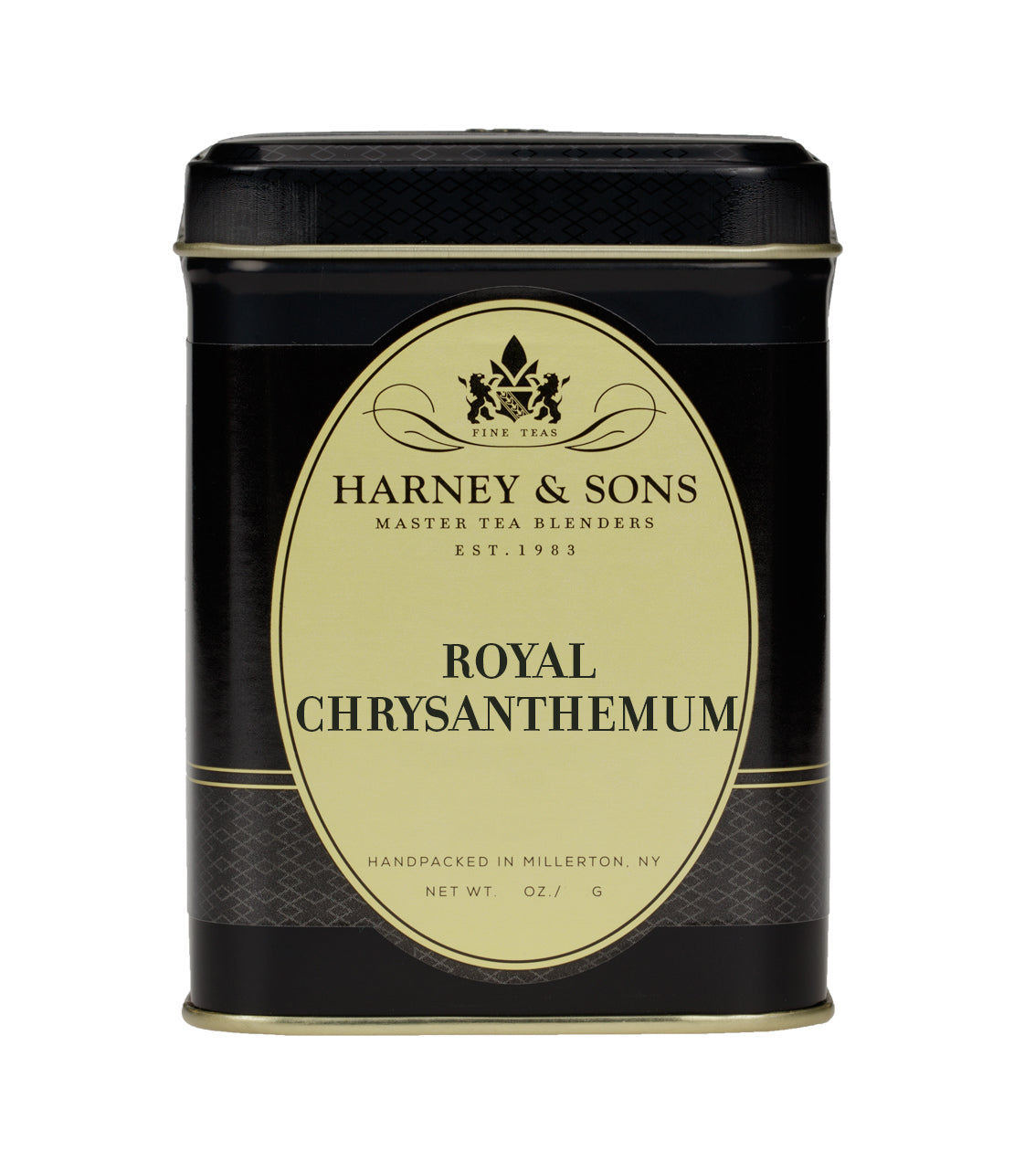 Black tea tin labeled "Royal Chrysanthemum" by Harney & Sons, featuring elegant design and gold accents.