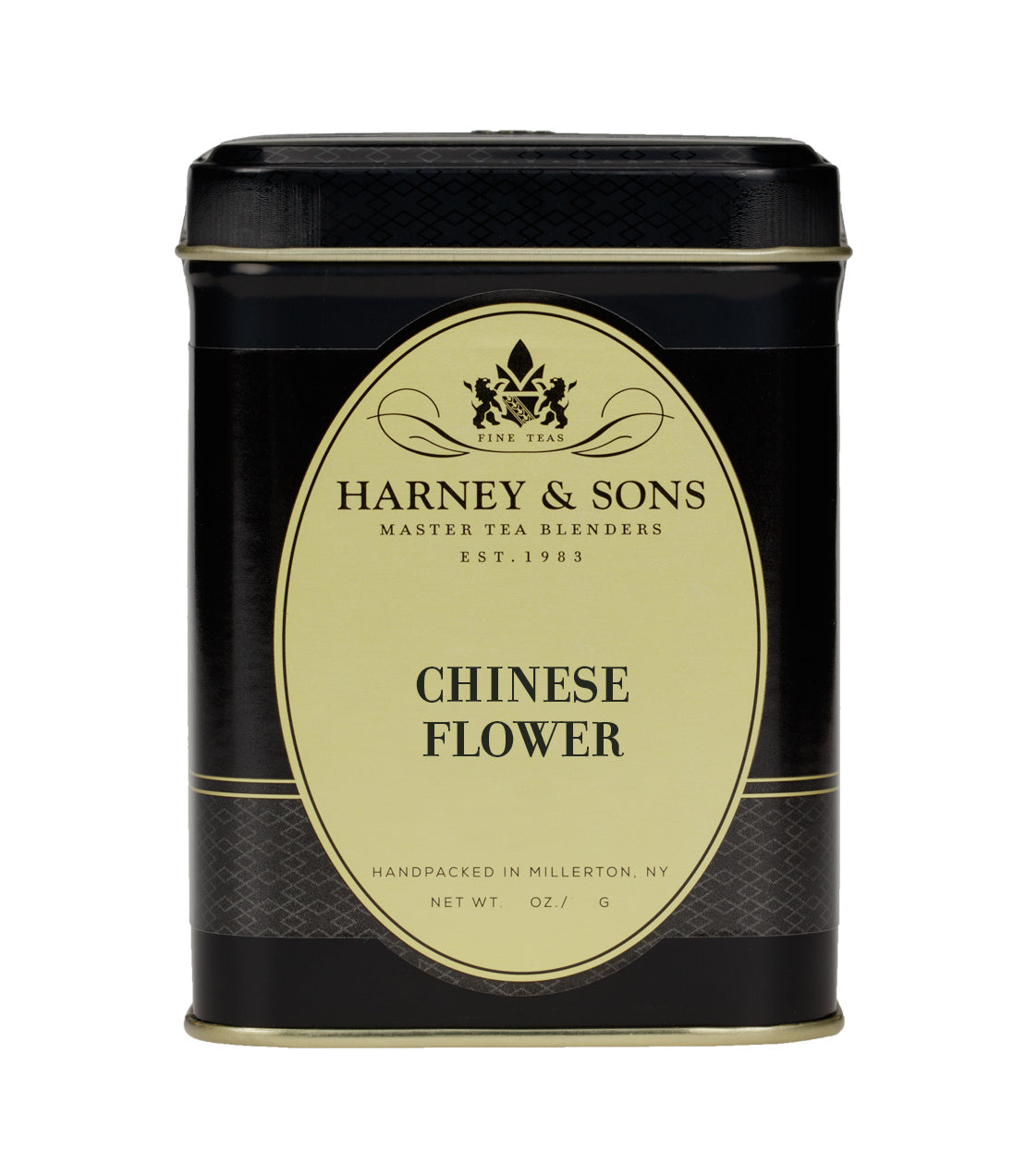 Harney & Sons Chinese Flower tea tin, black and gold design, 3 oz, handpacked in Millerton, NY.