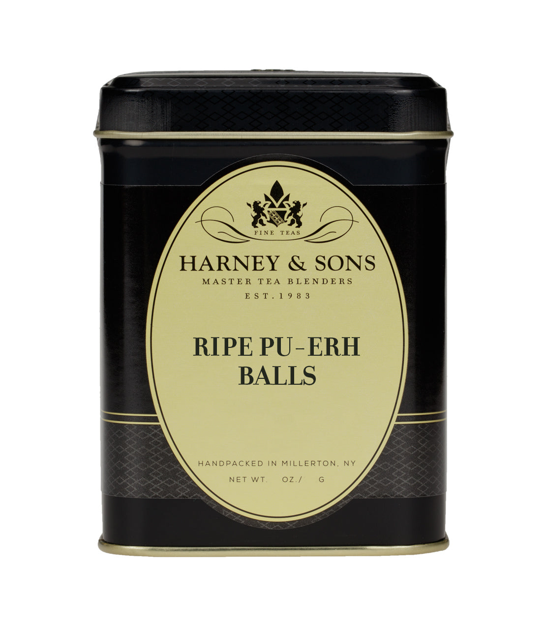 Black tin of Harney & Sons Ripe Pu-Erh Balls tea, featuring elegant branding and a vintage design.
