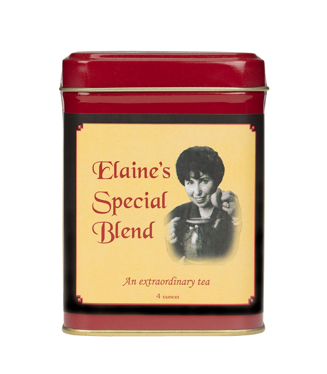Red tin of Elaine's Special Blend tea featuring a vintage design and a woman holding a teacup.