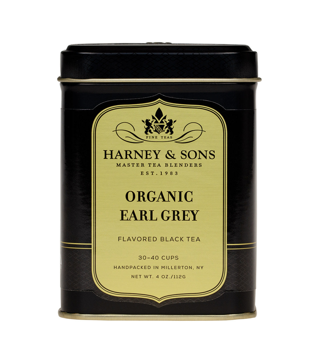 Harney & Sons Organic Earl Grey tea tin, 4 oz, featuring elegant black and gold design, ideal for 30-40 cups.