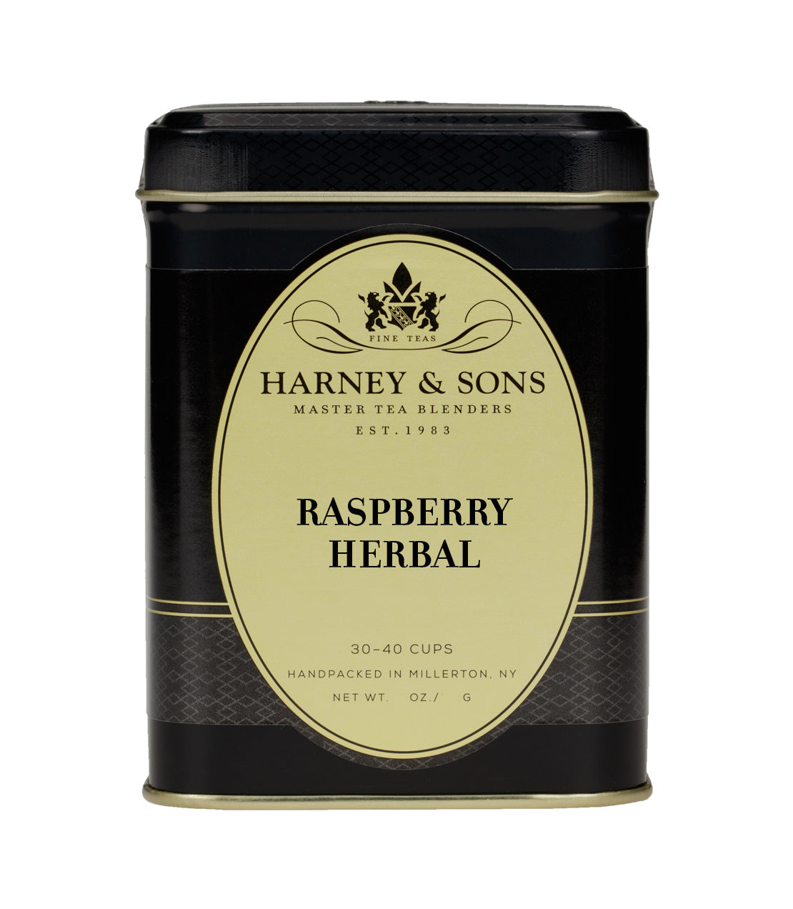Black tin of Harney & Sons Raspberry Herbal tea, labeled for 30-40 cups, featuring elegant design and branding.