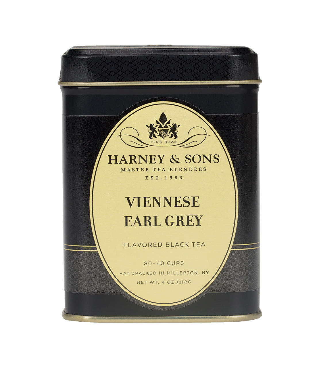 Harney & Sons Viennese Earl Grey tea tin, 4 oz, featuring elegant black and gold design, labeled for 30-40 cups.