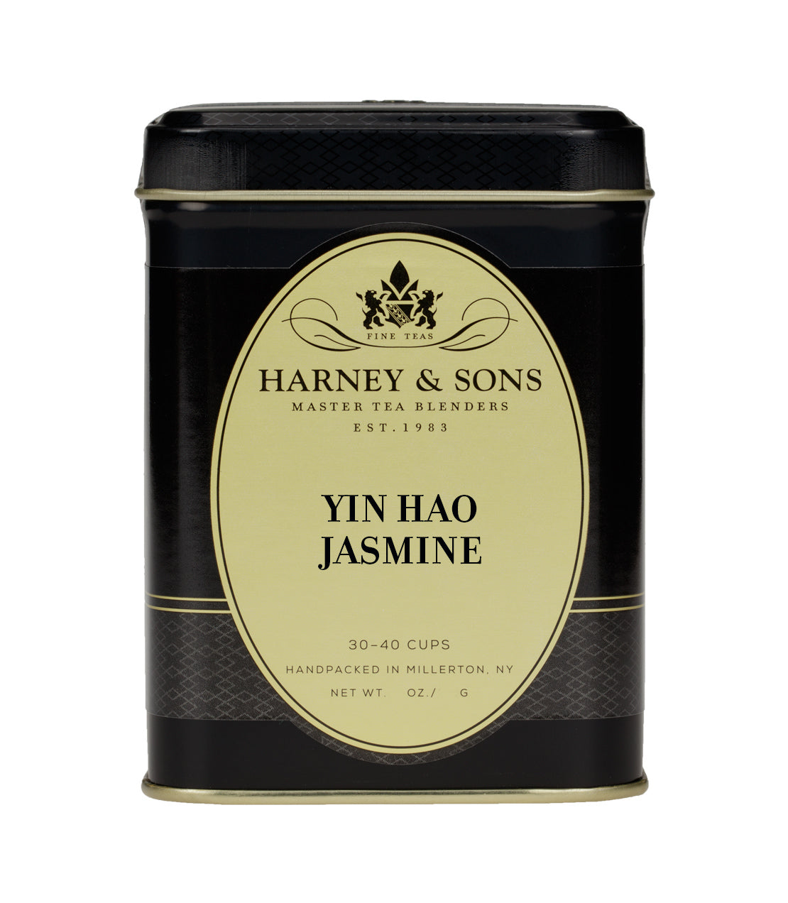 Harney & Sons Yin Hao Jasmine tea tin, black and gold design, 30-40 cups, handpacked in Millerton, NY.