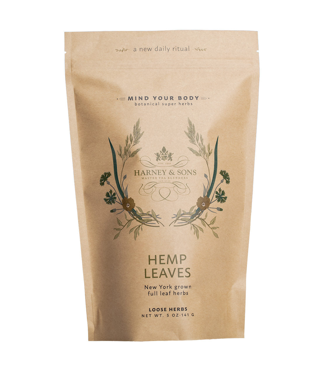 Brown paper bag of Harney & Sons Hemp Leaves, featuring botanical illustrations and product details.