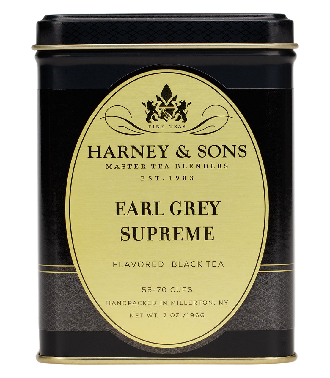 Harney & Sons Earl Grey Supreme tea tin, 7 oz, featuring a gold label and black design, ideal for 55-70 cups.