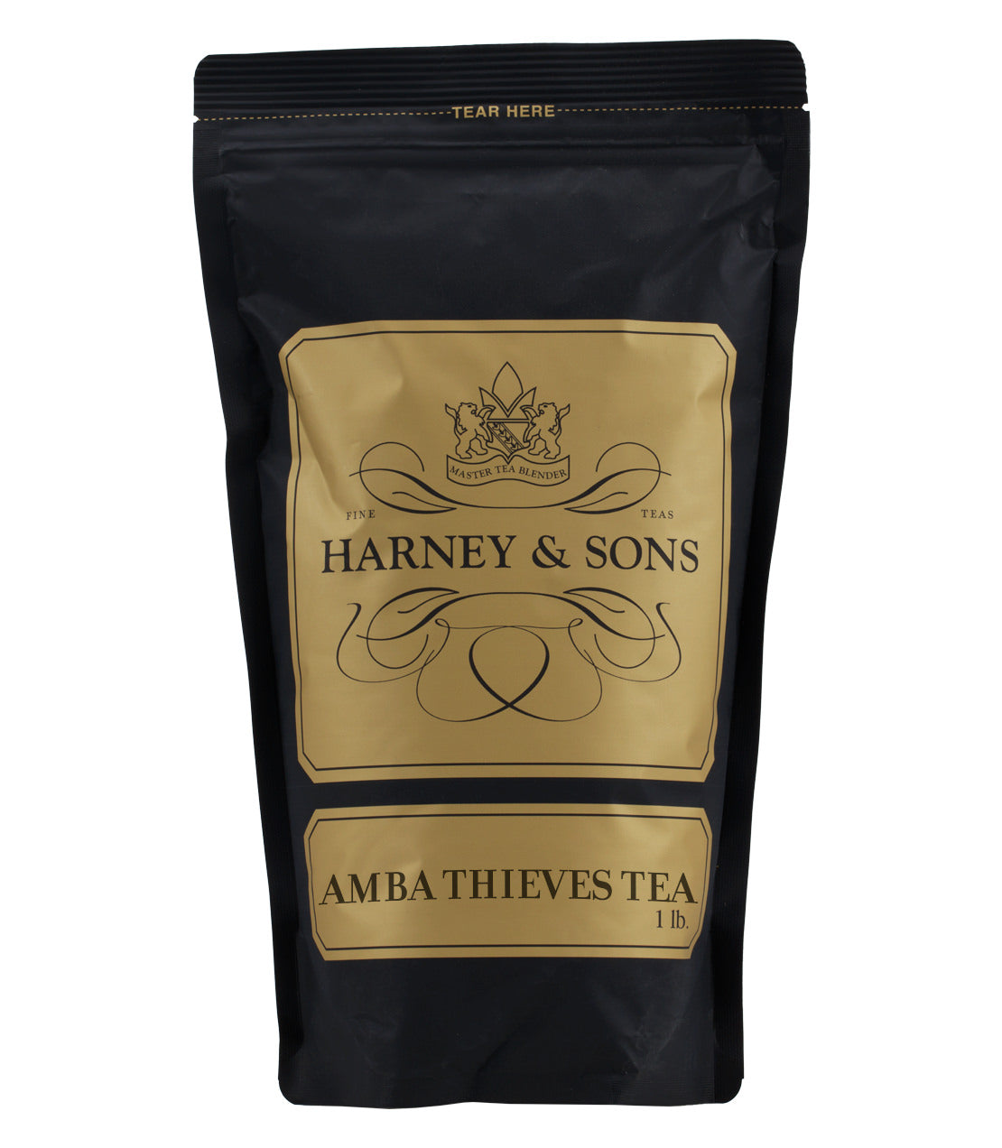 Black packaging of Harney & Sons Amba Thieves Tea, featuring gold accents and a tear-off top.