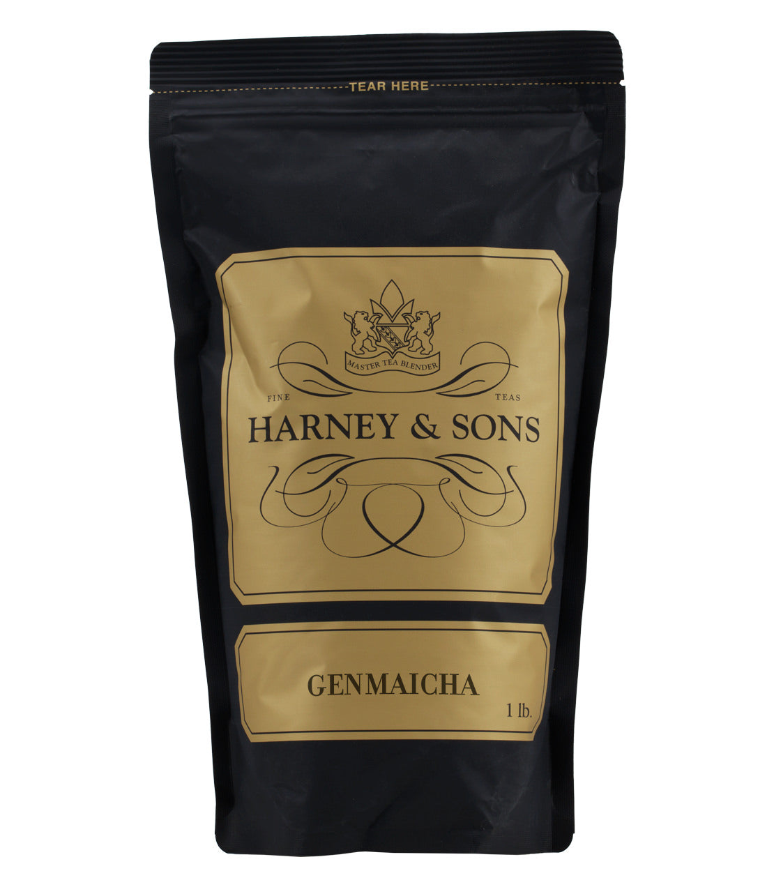 Black packaging of Harney & Sons Genmaicha tea, featuring gold accents and a tear-off top, 1 lb size.