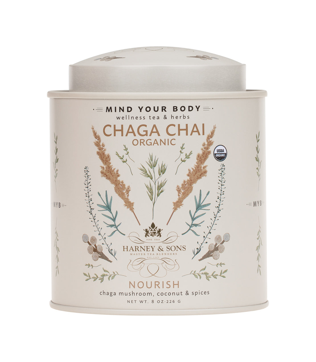 Organic Chaga Chai tea canister featuring herbal illustrations, labeled "Nourish Wellness Blend" by Harney & Sons.