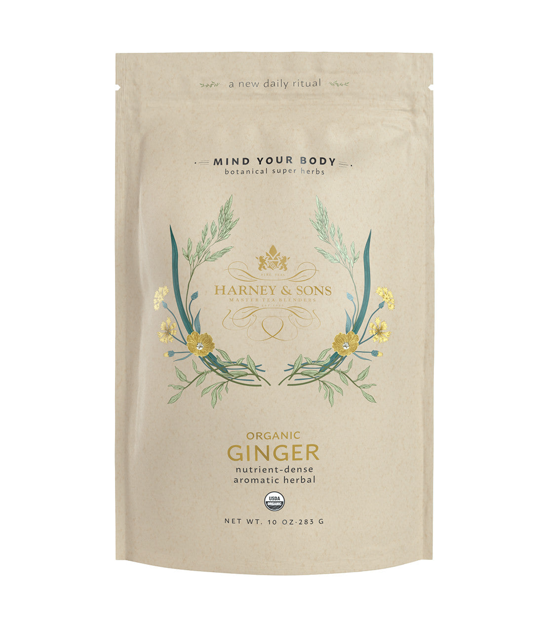 Organic Ginger Powder packaging by Harney & Sons, featuring floral design and nutrient-dense herbal information.