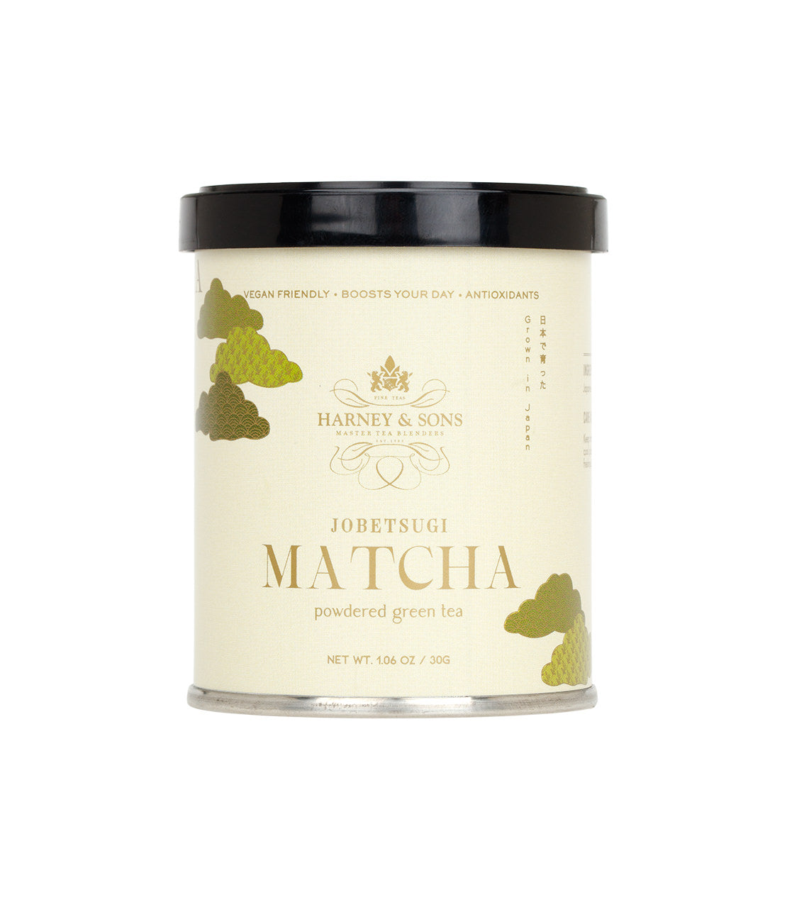 Harney & Sons Jobetsugi Matcha powder canister, 30g, featuring a sleek design and green tea graphics.