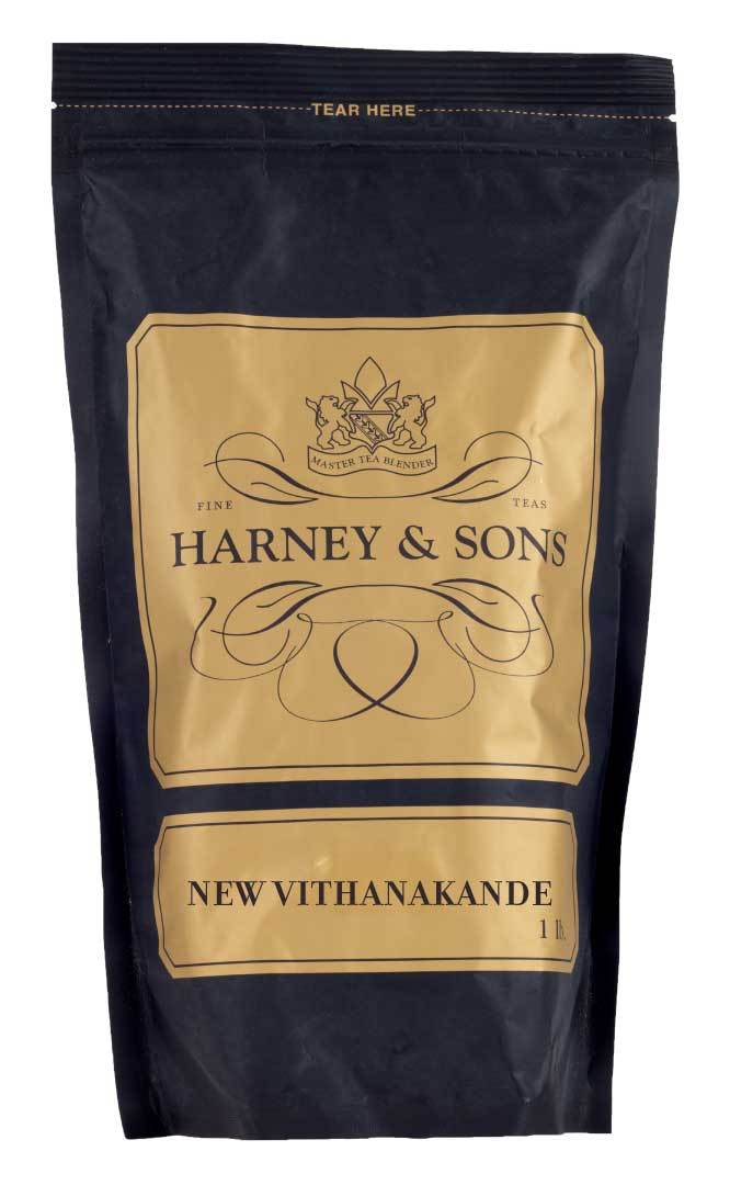 Black tea packaging from Harney & Sons featuring "New Vithanakande" label, 1 lb size, elegant design.