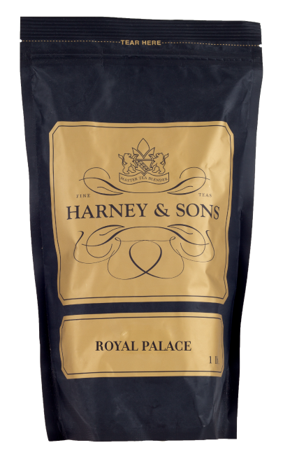 Black tea packaging from Harney & Sons featuring "Royal Palace" label, elegant gold and black design.