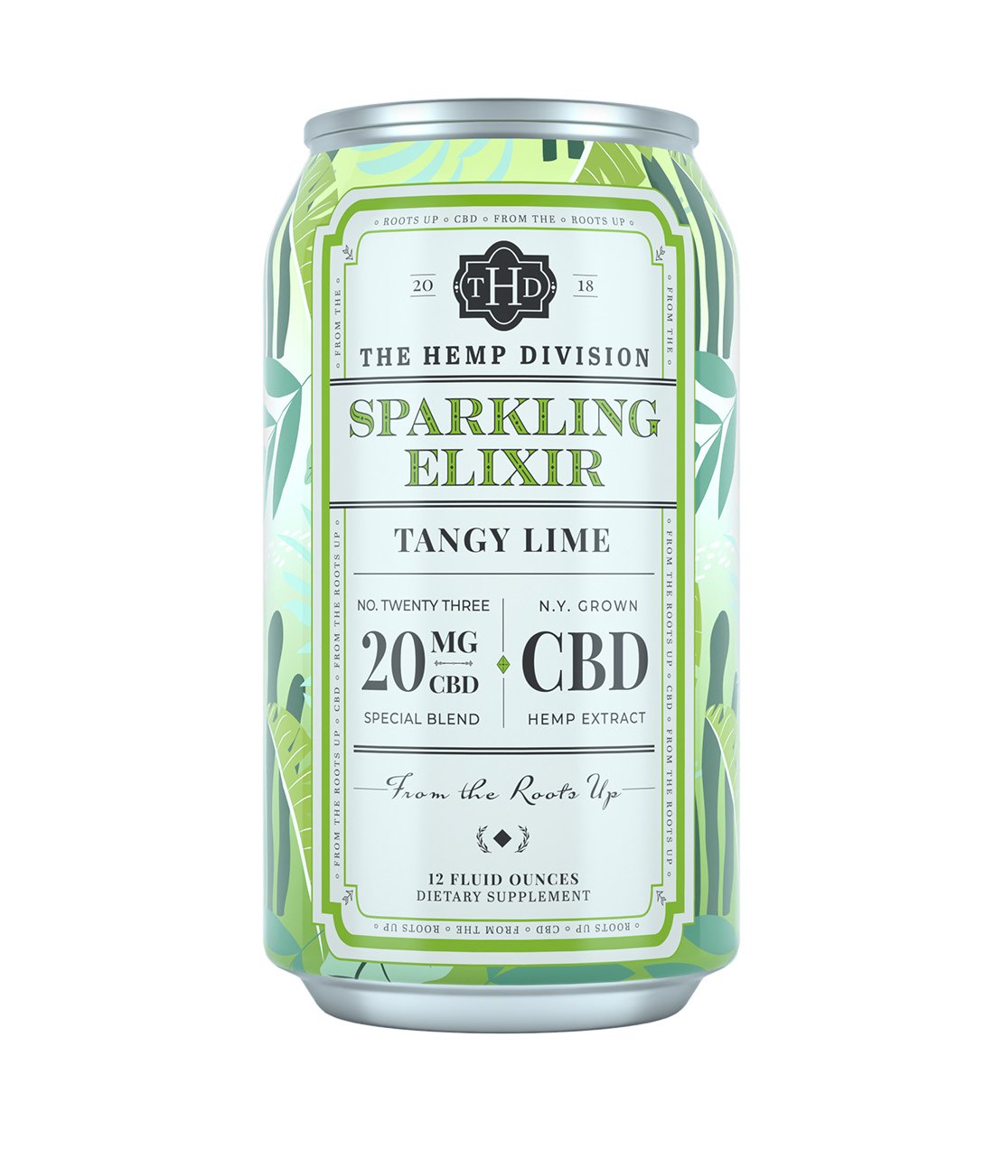 Can of Sparkling Elixir with Tangy Lime flavor, featuring 20 MG CBD, from The Hemp Division.