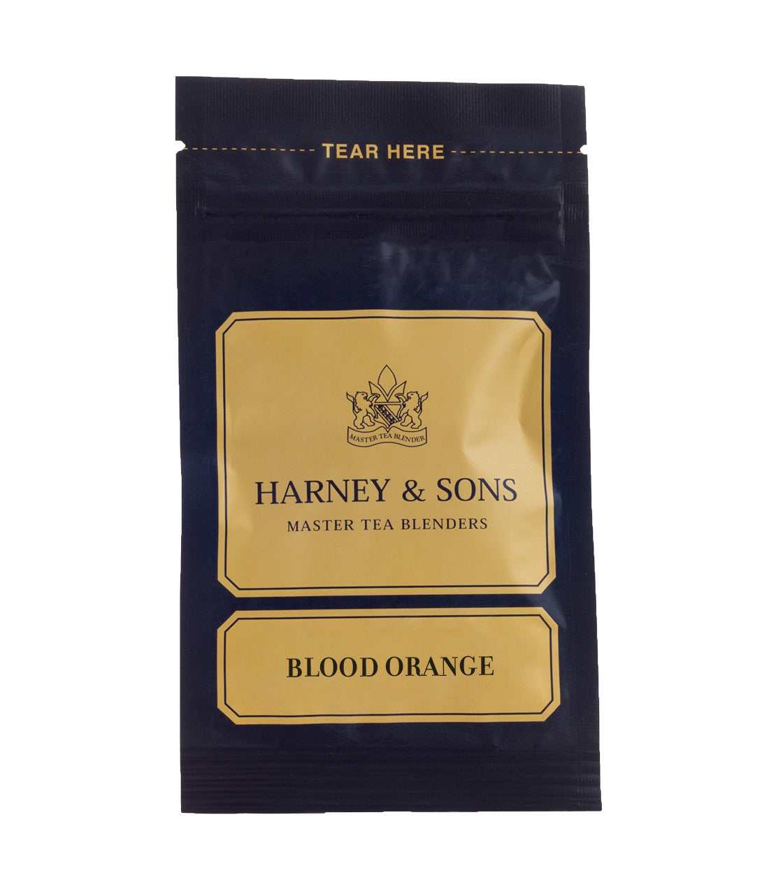 Harney & Sons Blood Orange Fruit Tea packaging, featuring a blue background and gold label design.