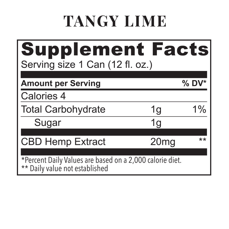 Supplement facts for Tangy Lime Sparkling Elixir, featuring 20 mg CBD hemp extract per 12 fl. oz. can.