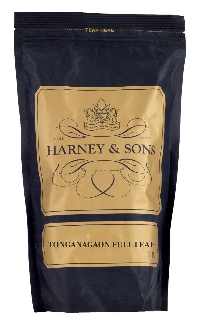 Harney & Sons Tonganagaon Full Leaf tea packaging, featuring a black bag with gold accents and branding.