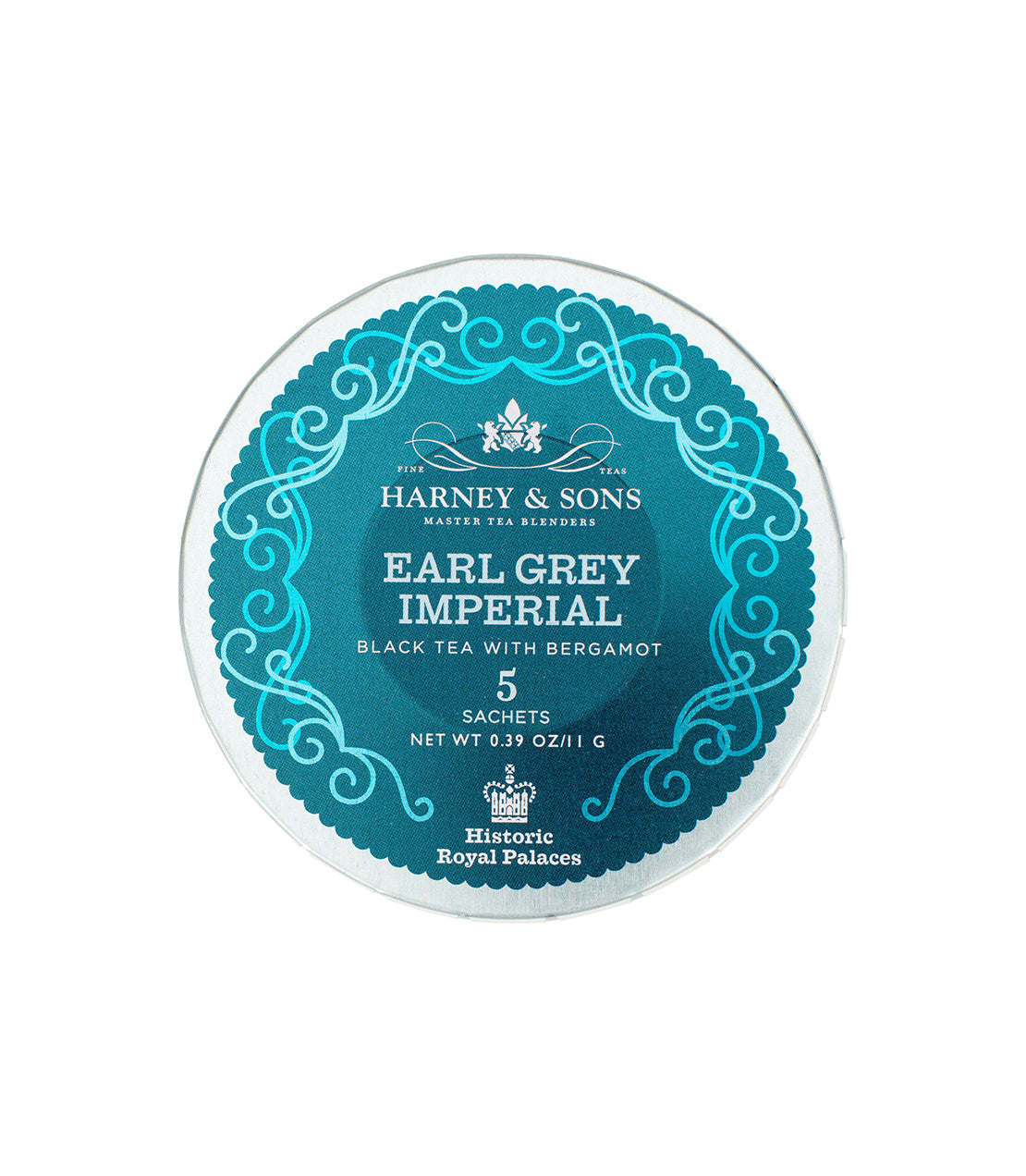 Harney & Sons Earl Grey Imperial tea tin featuring black tea with bergamot, containing 5 sachets.