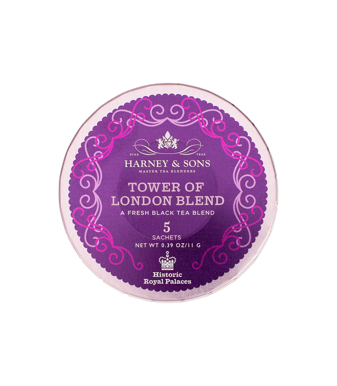 Harney & Sons Tower of London Blend tea packaging featuring a purple design and five sachets.