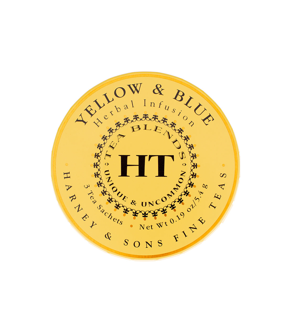Yellow & Blue herbal infusion tea tin by Harney & Sons, featuring 3 sachets of unique blends.