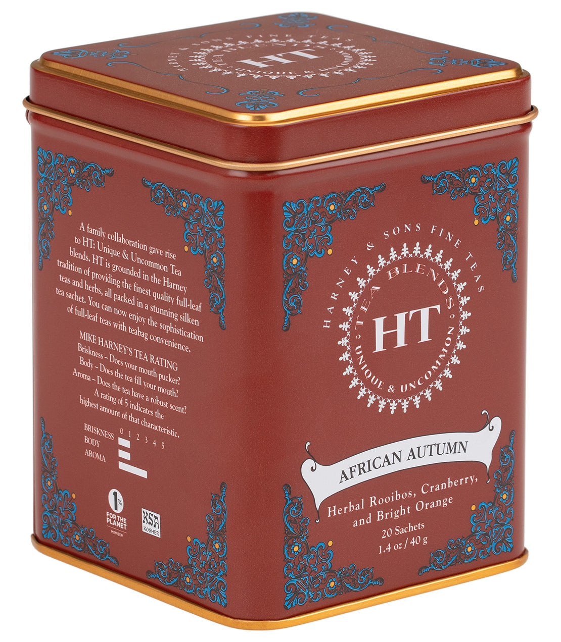 Decorative tin of African Autumn tea featuring rooibos, cranberry, and bright orange flavors, 20 sachets.